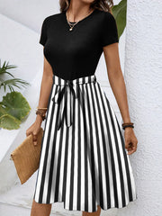 Striped Round Neck Short Sleeve Dress