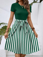 Striped Round Neck Short Sleeve Dress