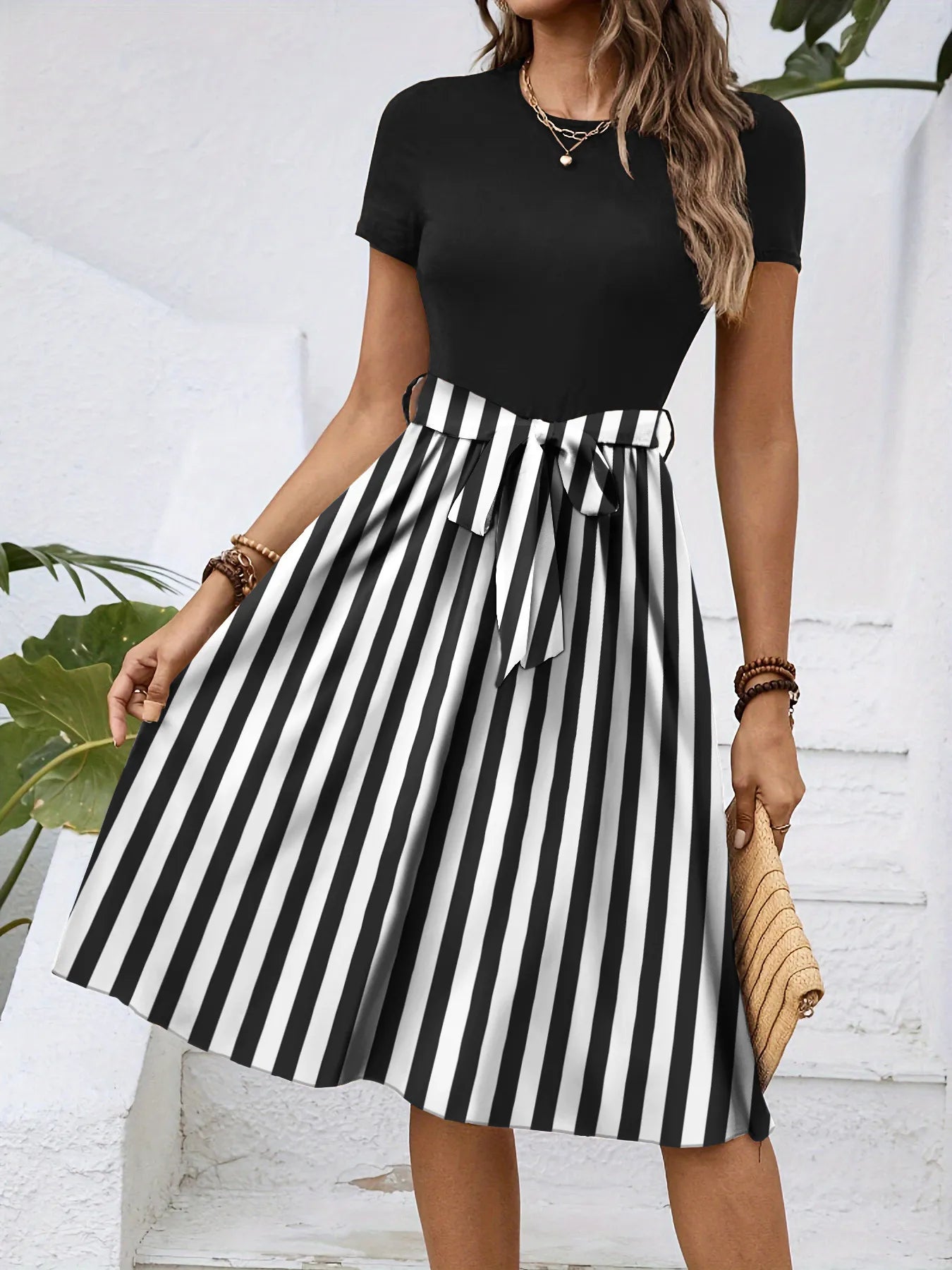 Striped Round Neck Short Sleeve Dress