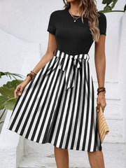 Striped Round Neck Short Sleeve Dress