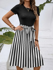 Striped Round Neck Short Sleeve Dress