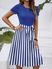 Striped Round Neck Short Sleeve Dress Blue / S