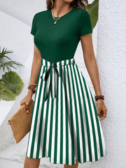 Striped Round Neck Short Sleeve Dress Dark Green / S