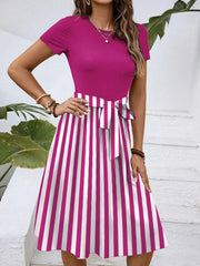 Striped Round Neck Short Sleeve Dress Rose Red / S