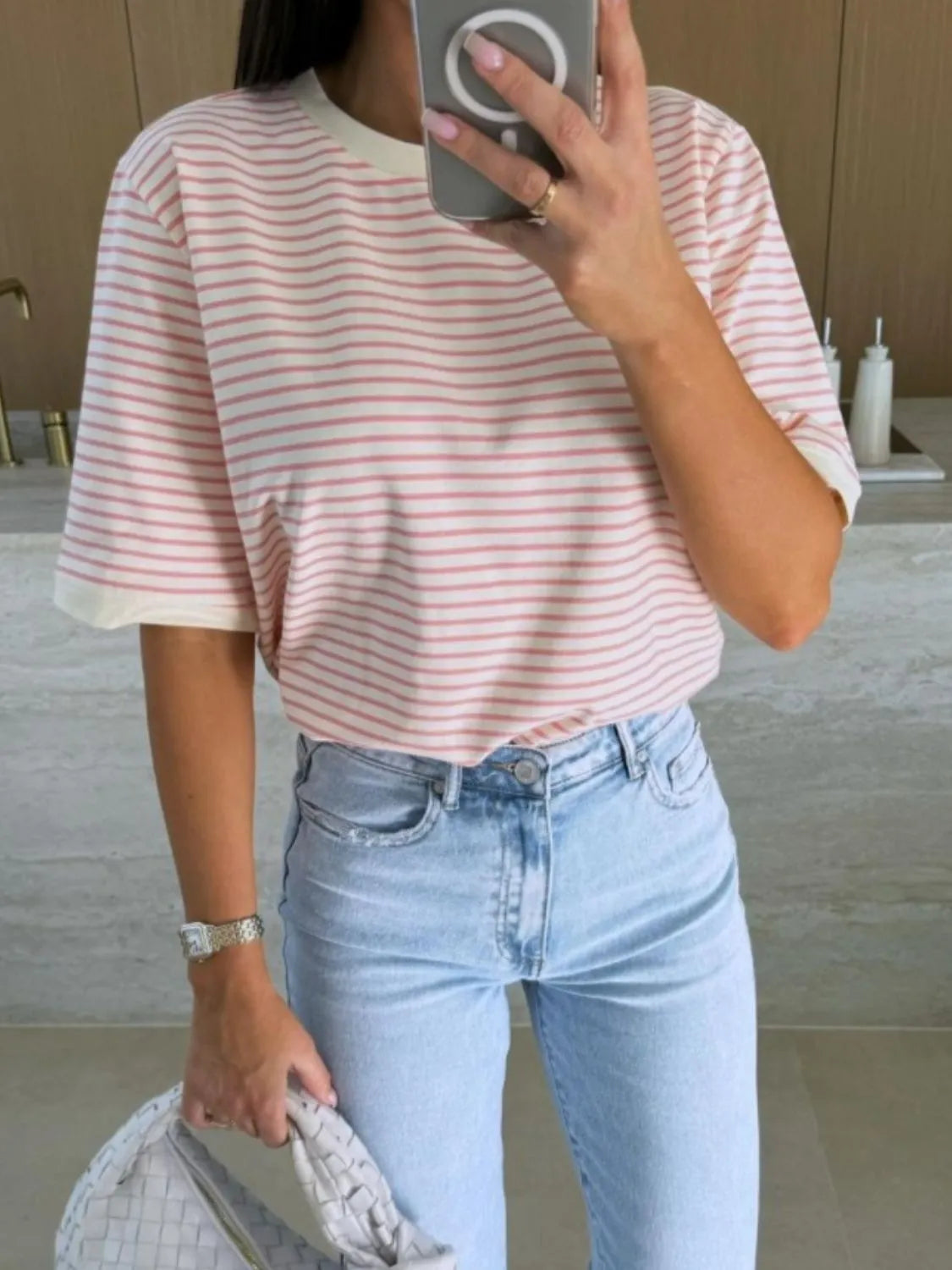 Striped Round Neck Short Sleeve T-Shirt Pink / S