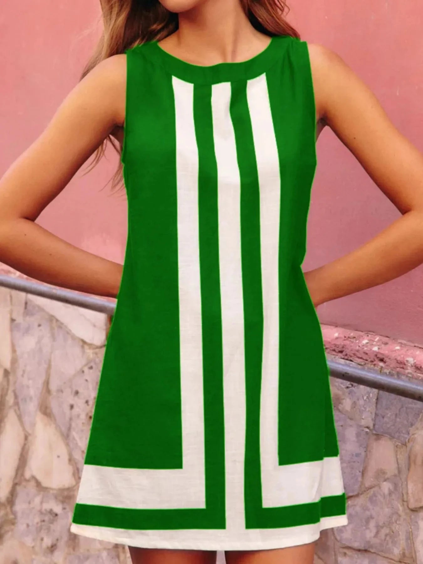 Striped Round Neck Sleeveless Dress Green / S