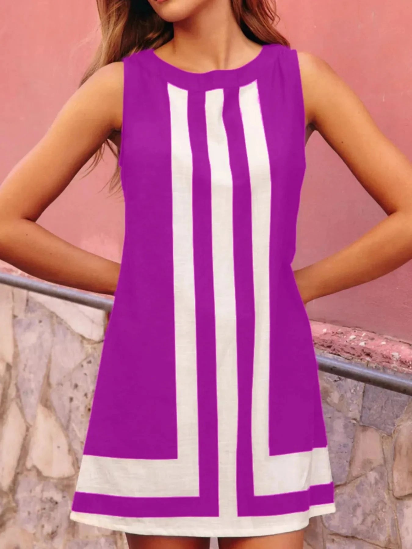 Striped Round Neck Sleeveless Dress Purple / S