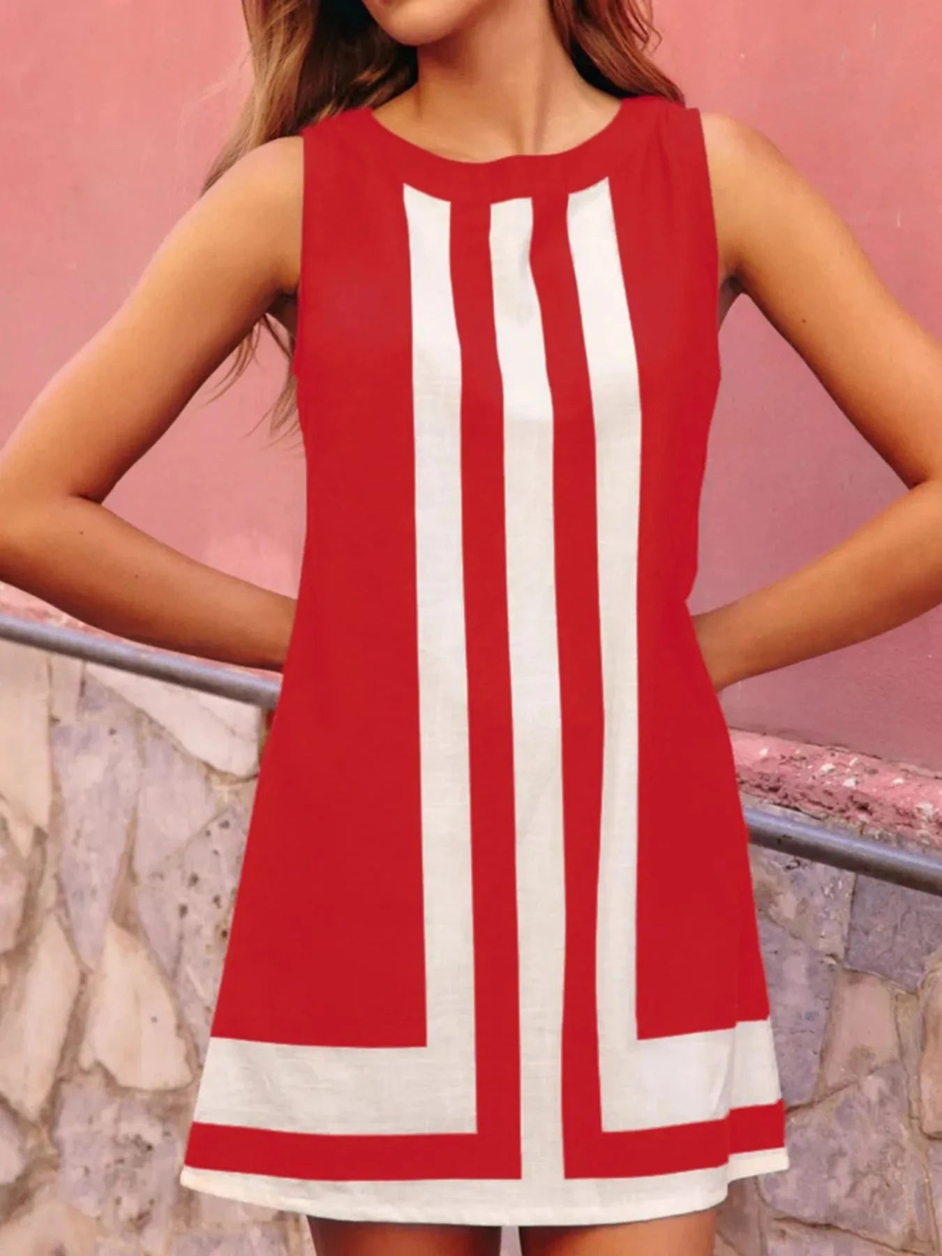 Striped Round Neck Sleeveless Dress Red / S
