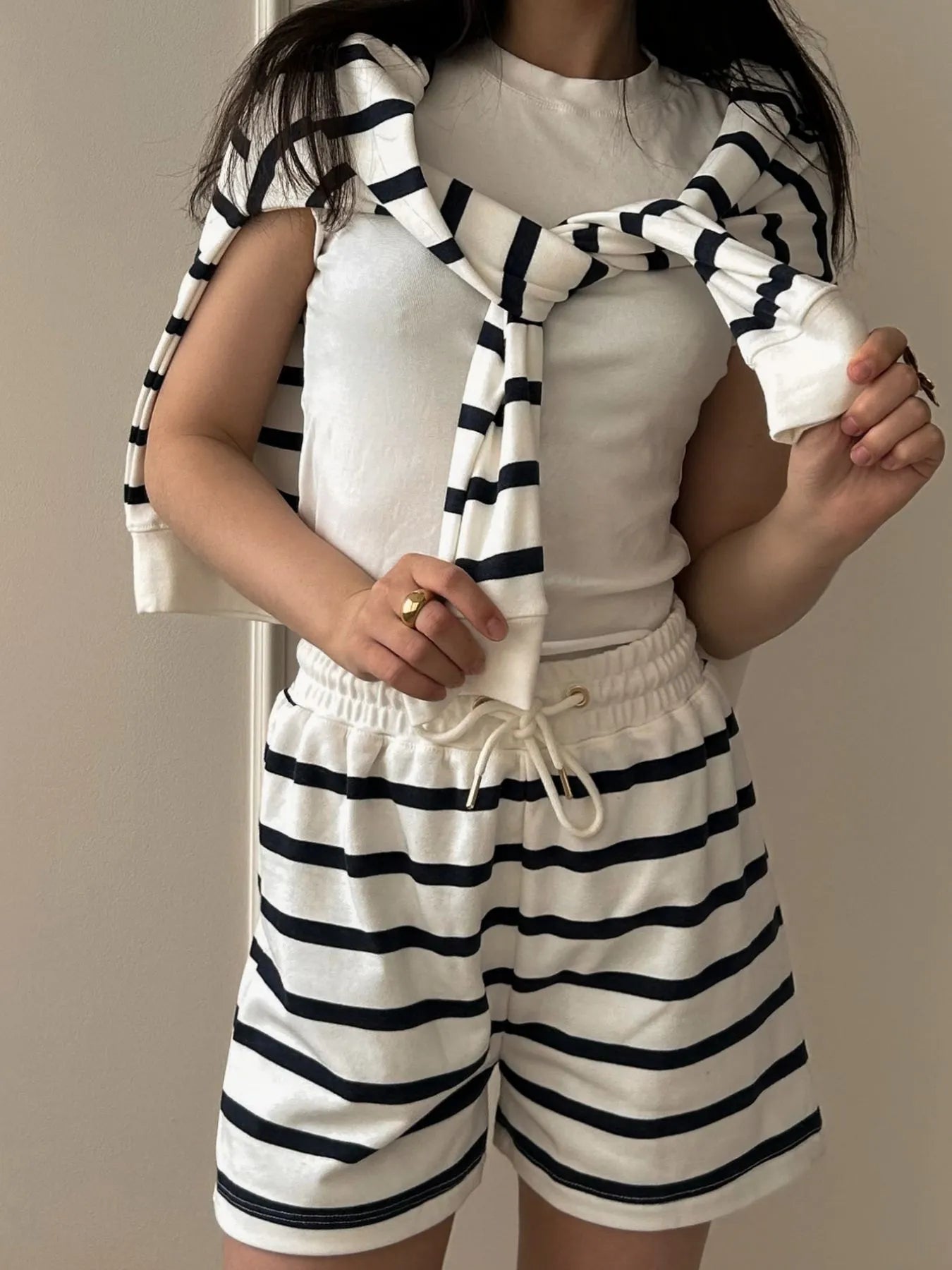Striped Round Neck Top and Shorts Set