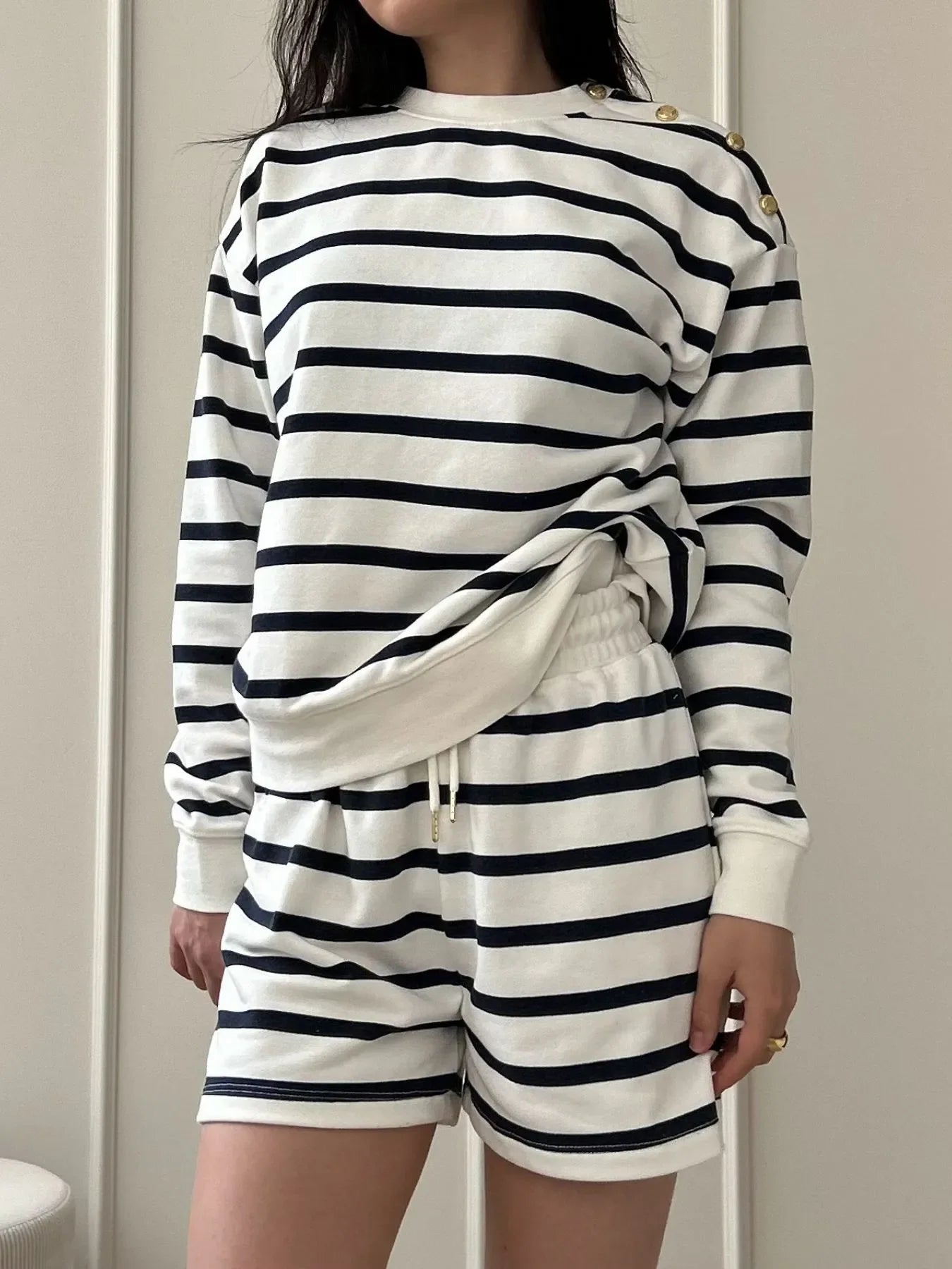 Striped Round Neck Top and Shorts Set