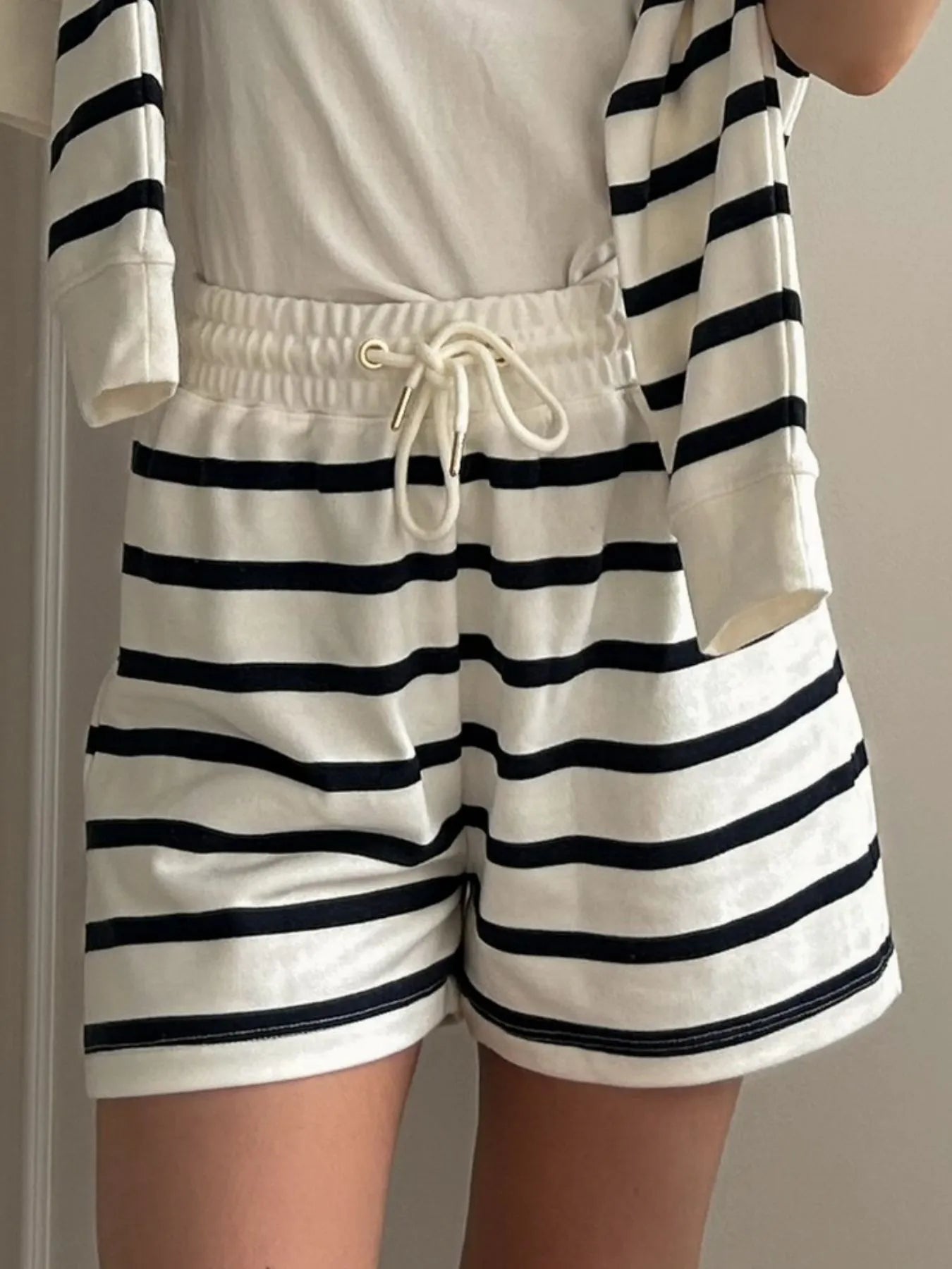 Striped Round Neck Top and Shorts Set