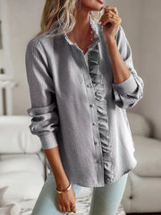 Striped Ruffle Detail Button-Up Blouse Black / S