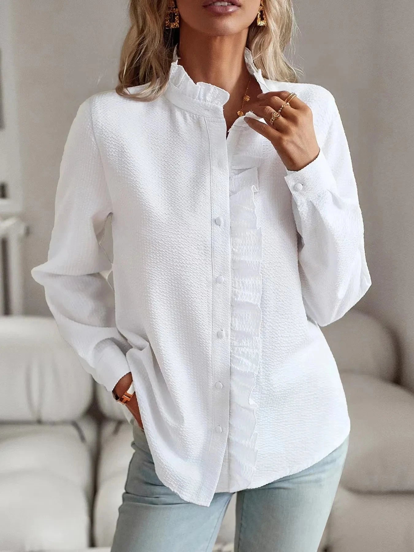Striped Ruffle Detail Button-Up Blouse White / S