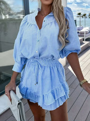 Striped Shirt and Skirt Set with Ruffle Details