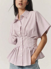 Striped Short Sleeve Button-Up Shirt Blush Pink / S