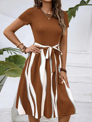 Striped Short Sleeve Tie Waist Dress