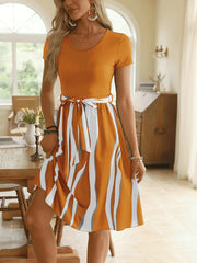 Striped Short Sleeve Tie Waist Dress
