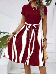 Striped Short Sleeve Tie Waist Dress