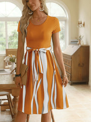 Striped Short Sleeve Tie Waist Dress