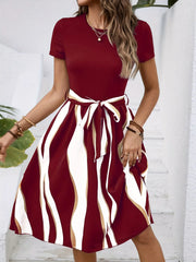 Striped Short Sleeve Tie Waist Dress