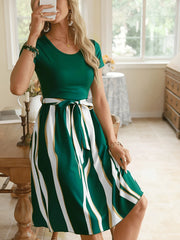Striped Short Sleeve Tie Waist Dress
