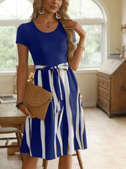 Striped Short Sleeve Tie Waist Dress Blue / S