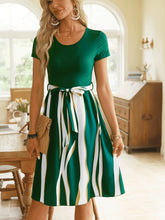 Striped Short Sleeve Tie Waist Dress Green / S