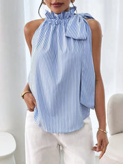 Striped Sleeveless Blouse with Bow Tie Detail