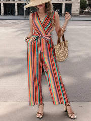 Striped Sleeveless Tie Waist Jumpsuit