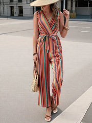 Striped Sleeveless Tie Waist Jumpsuit