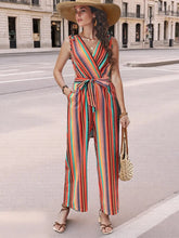 Striped Sleeveless Tie Waist Jumpsuit Orange / S