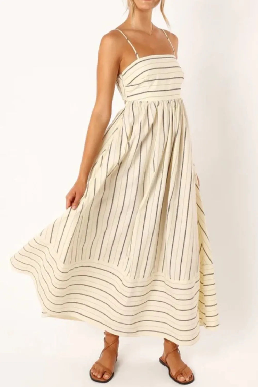 Striped Square Neck Cami Dress Beige / S