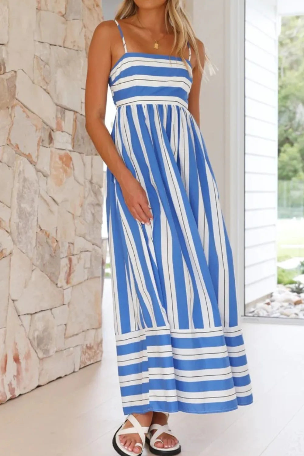 Striped Square Neck Cami Dress Blue / S