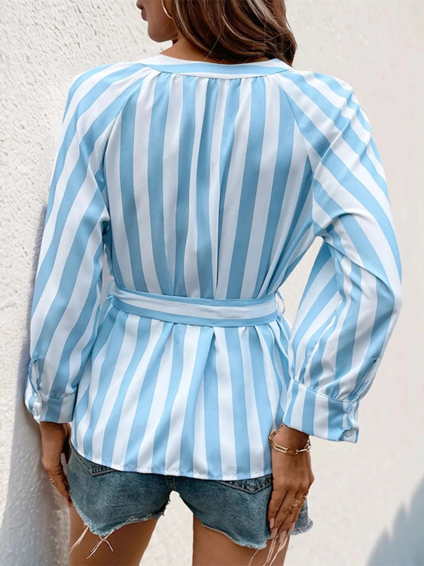 Striped Tie Waist Button Down Shirt