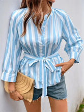 Striped Tie Waist Button Down Shirt Blue / S
