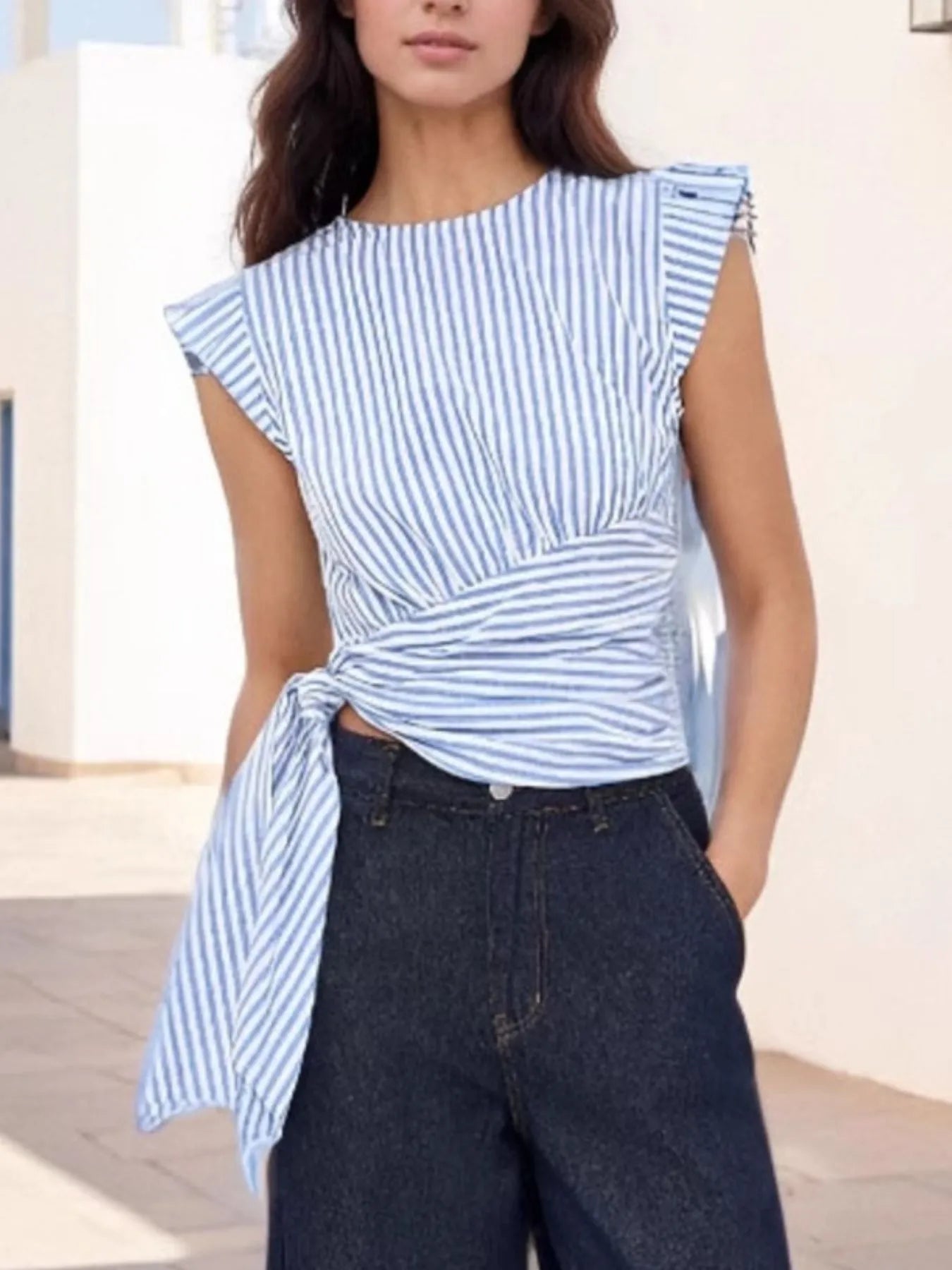 Striped Tied Cap Sleeve Blouse