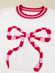 Striped Trim Bow Graphic Round Neck Drop Shoulder Sweater
