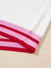 Striped Trim Bow Graphic Round Neck Drop Shoulder Sweater