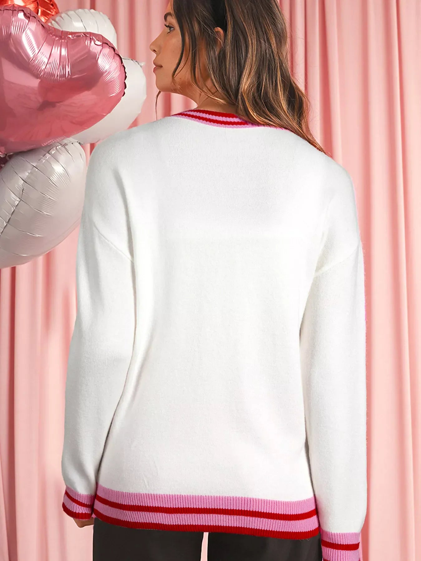 Striped Trim Bow Graphic Round Neck Drop Shoulder Sweater