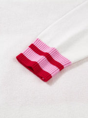 Striped Trim Bow Graphic Round Neck Drop Shoulder Sweater