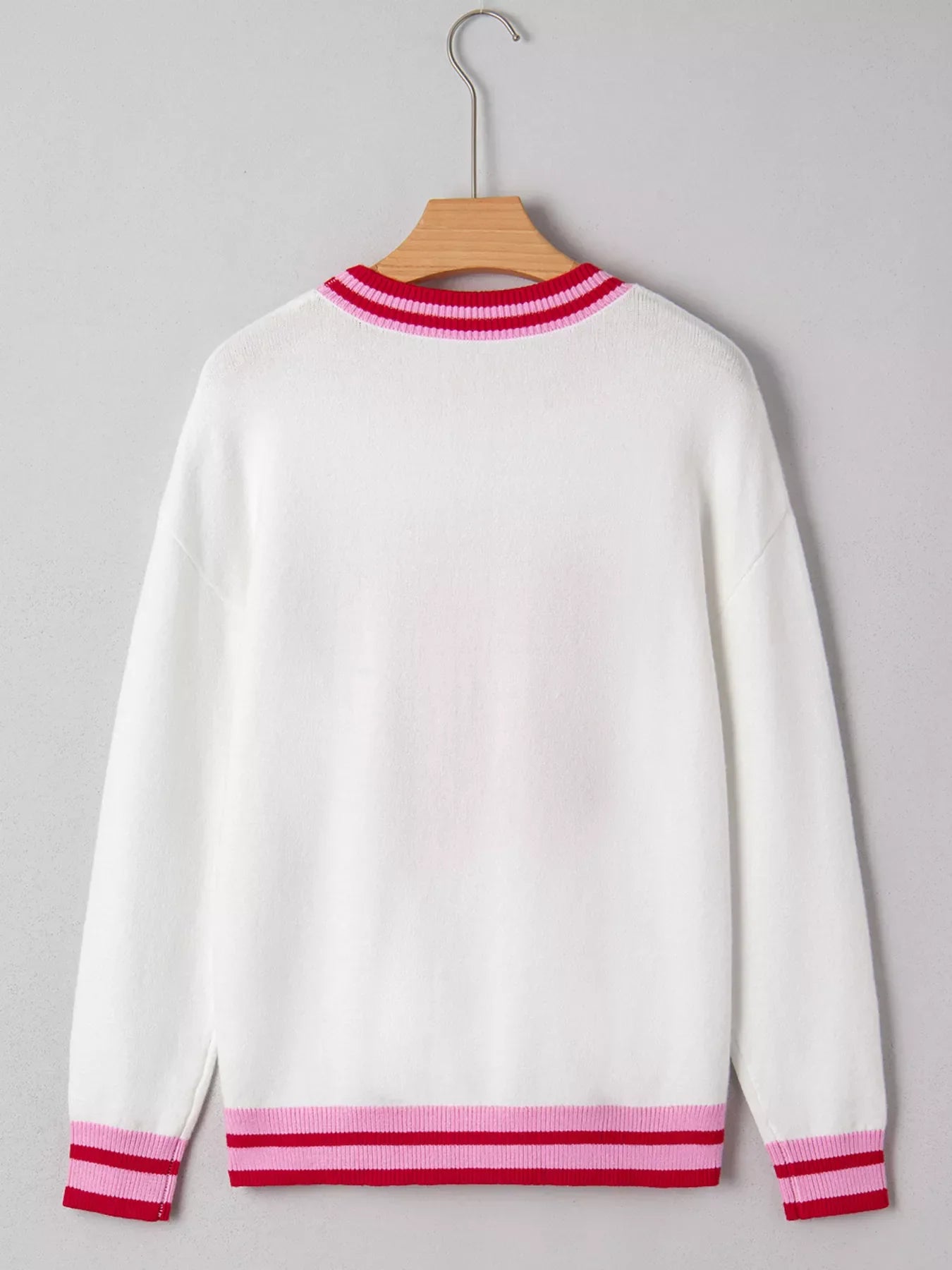 Striped Trim Bow Graphic Round Neck Drop Shoulder Sweater