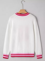 Striped Trim Bow Graphic Round Neck Drop Shoulder Sweater