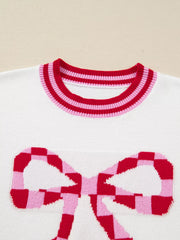 Striped Trim Bow Graphic Round Neck Drop Shoulder Sweater