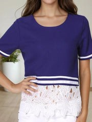 Striped Trim T-Shirt with Lace Hem Detail Navy / S