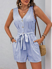 Striped V-neck Button Front Belted Romper