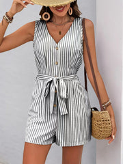 Striped V-neck Button Front Belted Romper