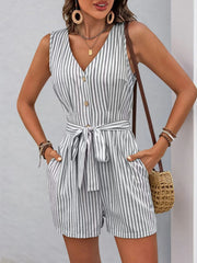Striped V-neck Button Front Belted Romper Light Gray / S