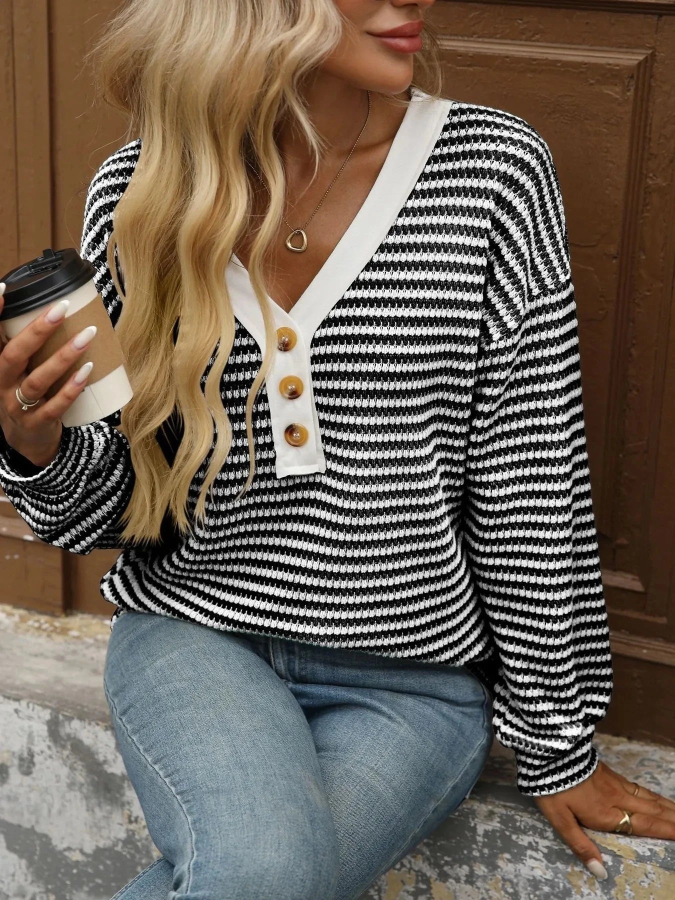 Striped V-Neck Button Front Casual Top