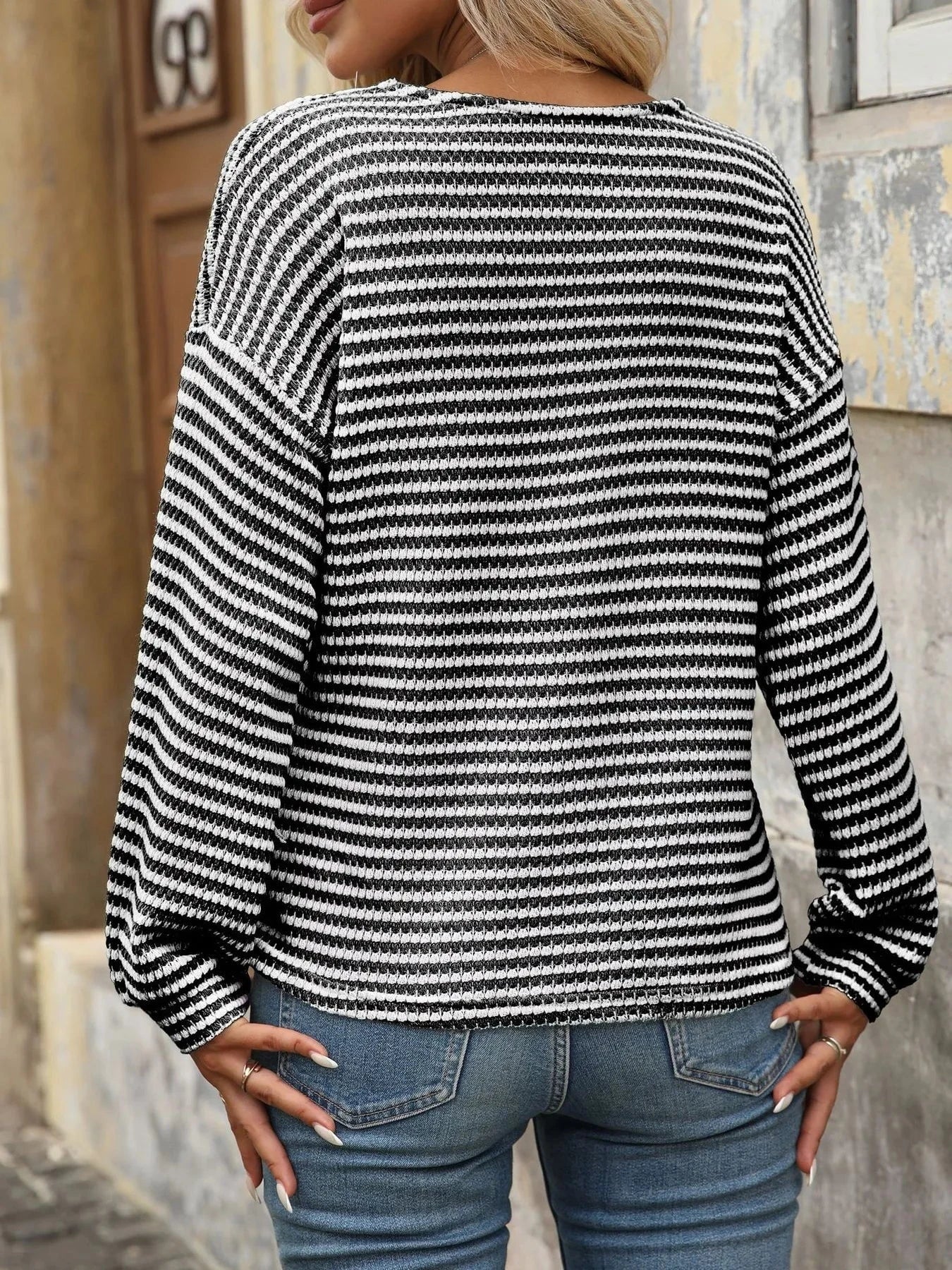 Striped V-Neck Button Front Casual Top