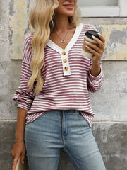 Striped V-Neck Button Front Casual Top